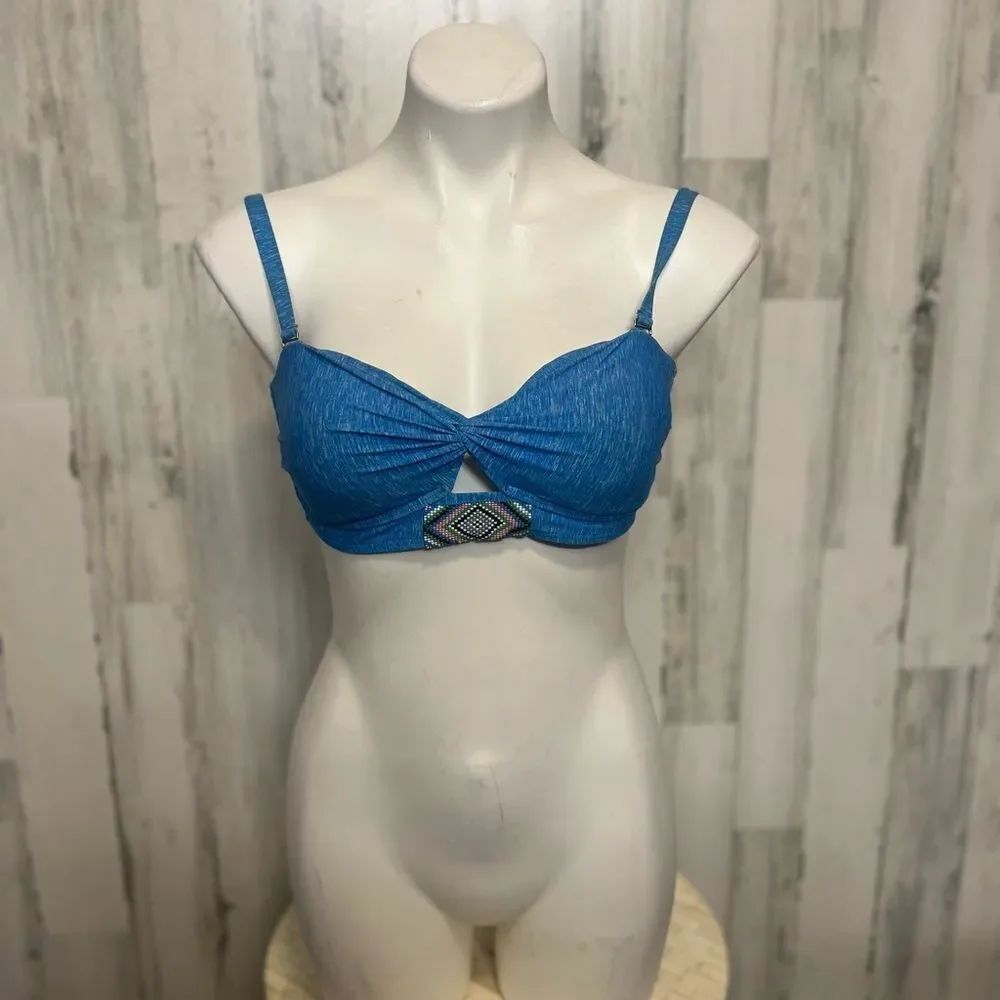 Blue Bikini Top Medium Twist Front Keyhole Adjustable Straps Tie Back Swim Top